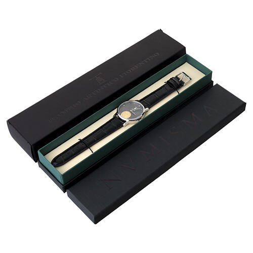 Orologio vera pelle marrone medaglia San Benedetto argento 925 dorato 7