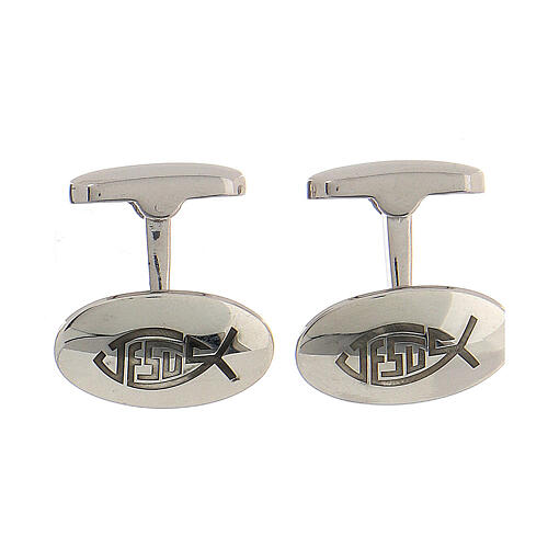 Oval cufflinks, fish engraving, 925 silver, HOLYART collection 1