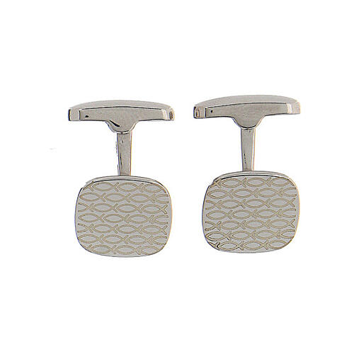 Square cufflinks, fish engraving, 925 silver, HOLYART collection 1
