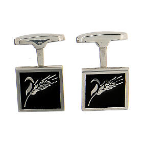 Square cufflinks, ear of wheat on black enamel, 925 silver, HOLYART collection