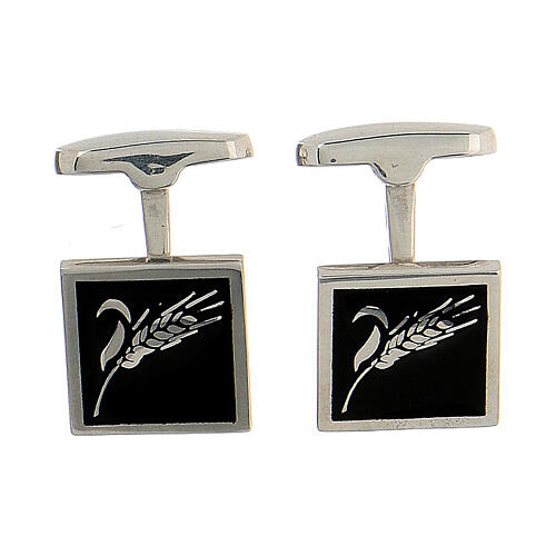 Square cufflinks, ear of wheat on black enamel, 925 silver, HOLYART collection 1