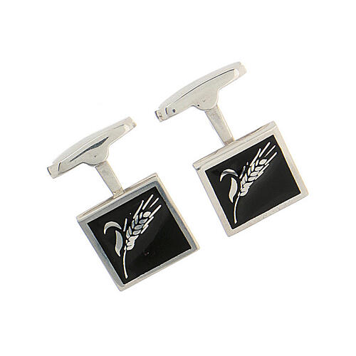 Square cufflinks, ear of wheat on black enamel, 925 silver, HOLYART collection 3