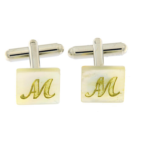 Square white mother-of-pearl cufflinks with golden Marian symbol 1