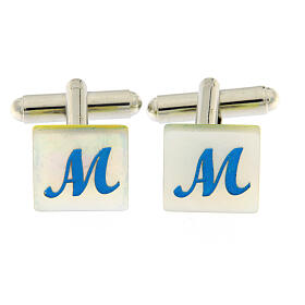 Square white mother-of-pearl cufflinks with light blue Marian symbol