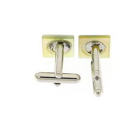 Square white mother-of-pearl cufflinks with light blue Marian symbol