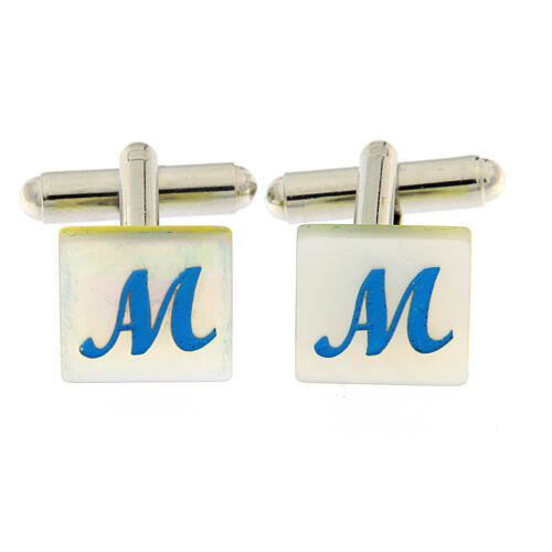 Square white mother-of-pearl cufflinks with light blue Marian symbol 1
