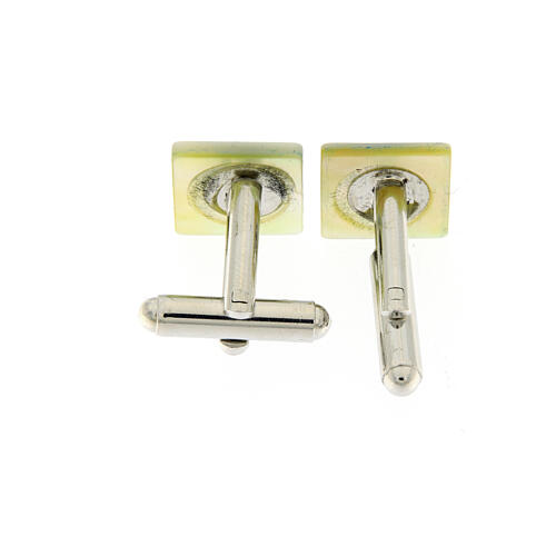 Square white mother-of-pearl cufflinks with light blue Marian symbol 2