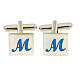 Square white mother-of-pearl cufflinks with light blue Marian symbol s1