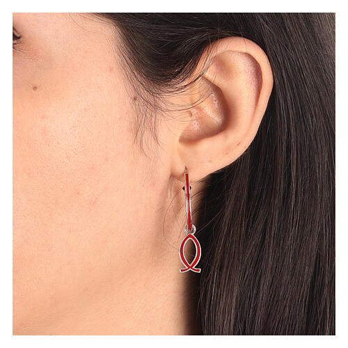 J-hoop earrings, fish-shaped pendant, red enamel and 925 silver, HOLYART 2