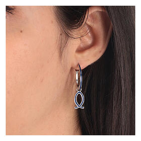 J-hoop earrings, blue fish-shaped pendant, 925 silver, HOLYART Collection