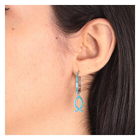 J-hoop earrings, light blue fish-shaped pendant, 925 silver, HOLYART Collection