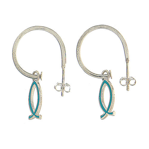 J-hoop earrings, light blue fish-shaped pendant, 925 silver, HOLYART Collection 1