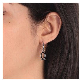 J-hoop earrings, fish-shaped pendant, 925 silver and black enamel, HOLYART Collection
