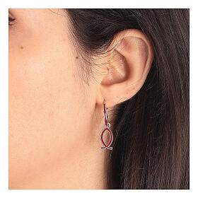 J-hoop earrings, fish-shaped pendant, 925 silver and red enamel, HOLYART Collection