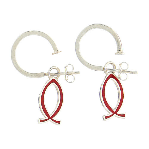 J-hoop earrings, fish-shaped pendant, 925 silver and red enamel, HOLYART Collection 1