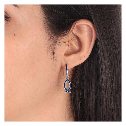 J-hoop earrings, fish-shaped pendant, 925 silver and blue enamel, HOLYART Collection 2