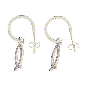 J-hoop earrings, fish-shaped pendant, 925 silver and lilac enamel, HOLYART Collection
