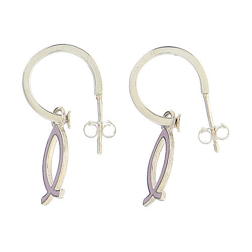 J-hoop earrings, fish-shaped pendant, 925 silver and lilac enamel, HOLYART Collection 1