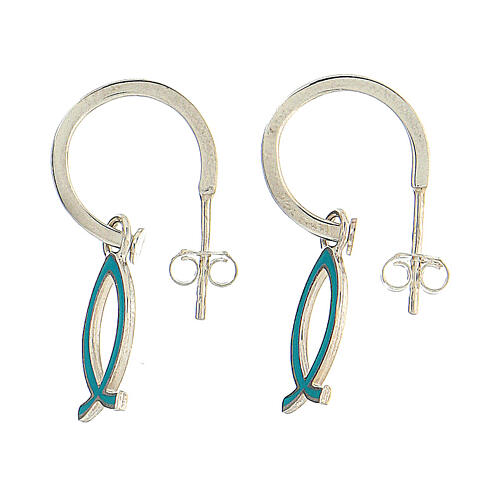 J-hoop earrings, fish-shaped pendant, 925 silver and light blue enamel, HOLYART Collection 1