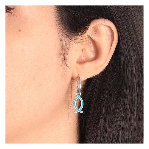 J-hoop earrings, fish-shaped pendant, 925 silver and light blue enamel, HOLYART Collection 2