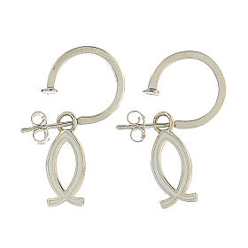J-hoop earrings, fish-shaped pendant, 925 silver and white enamel, HOLYART Collection