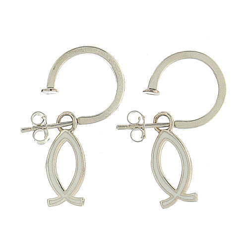 J-hoop earrings, fish-shaped pendant, 925 silver and white enamel, HOLYART Collection 1