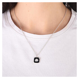 Necklace with square pendant, shell on black enamel, 925 silver, HOLYART Collection