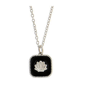 Necklace with square pendant, shell on black enamel, 925 silver, HOLYART Collection
