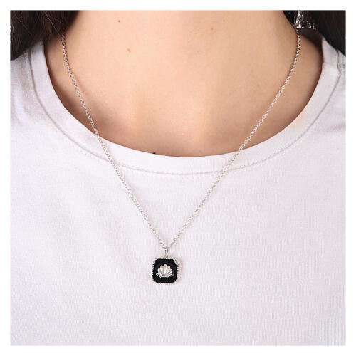 Necklace with square pendant, shell on black enamel, 925 silver, HOLYART Collection 2