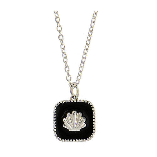 Necklace with square pendant, shell on black enamel, 925 silver, HOLYART Collection 1