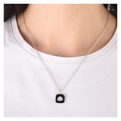Necklace with square pendant, shell on black enamel, 925 silver, HOLYART Collection 2