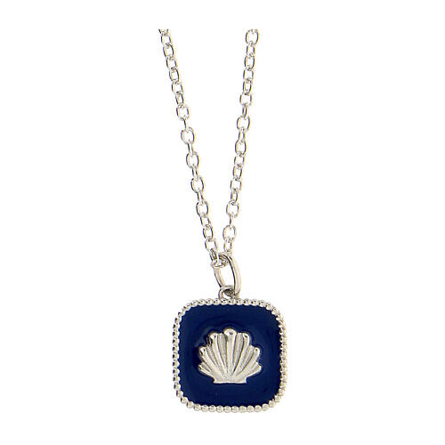 Necklace with square pendant, shell on blue enamel, 925 silver, HOLYART Collection 1