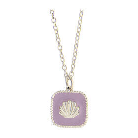 Necklace with square pendant, shell on lilac enamel, 925 silver, HOLYART Collection