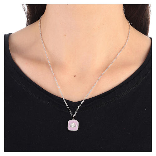 Necklace with square pendant, shell on lilac enamel, 925 silver, HOLYART Collection 2