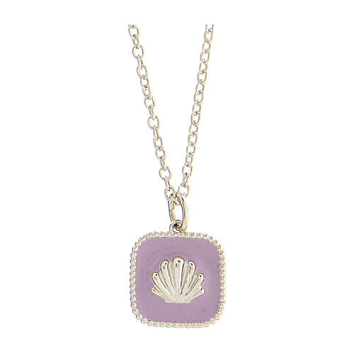 Necklace with square pendant, shell on lilac enamel, 925 silver, HOLYART Collection 1