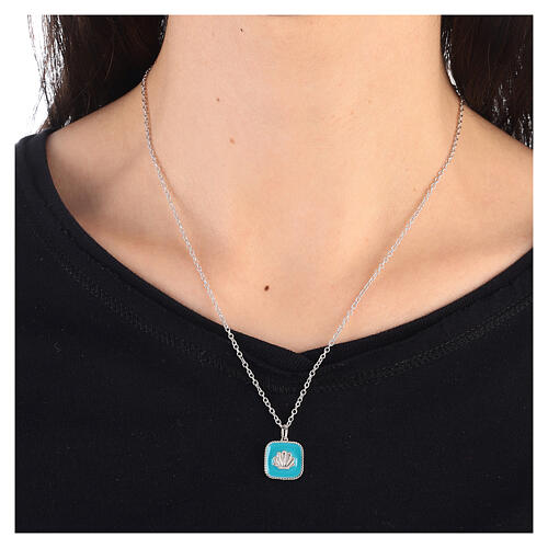 Necklace with square pendant, shell on light blue enamel, 925 silver, HOLYART Collection 2