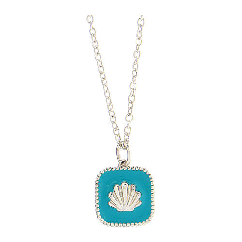 Necklace with square pendant, shell on light blue enamel, 925 silver, HOLYART Collection 1