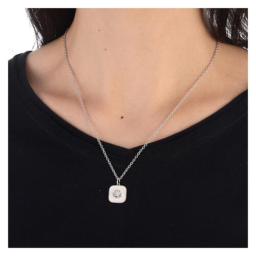 Necklace with square pendant, shell on white enamel, 925 silver, HOLYART Collection 2