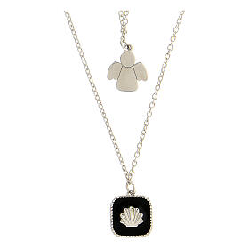 Necklace with two pendants, shell on black enamel and angel, 925 silver, HOLYART Collection