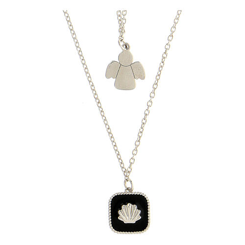 Necklace with two pendants, shell on black enamel and angel, 925 silver, HOLYART Collection 1