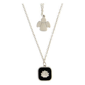 Collier double pendentifs ange et coquillage émail noir argent 925 Collection HOLYART