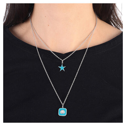 Necklace with two pendants, light blue shell and star, 925 silver, HOLYART Collection 2
