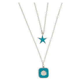 Collier double pendentifs étoile et coquillage émail bleu ciel argent 925 Collection HOLYART
