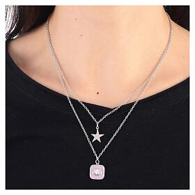 Collier double pendentifs étoile et coquillage émail lilas argent 925 Collection HOLYART