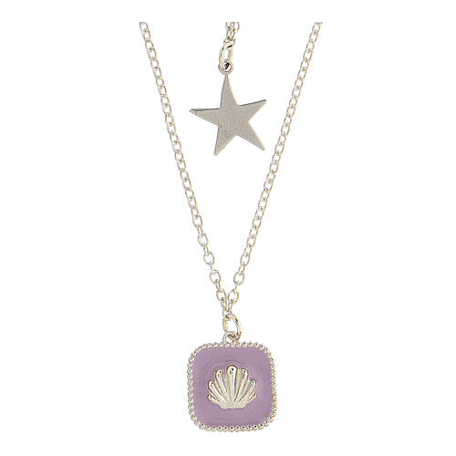 Collier double pendentifs étoile et coquillage émail lilas argent 925 Collection HOLYART 1