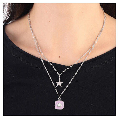 Collier double pendentifs étoile et coquillage émail lilas argent 925 Collection HOLYART 2