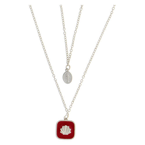 Collier double pendentifs Médaille Miraculeuse et coquillage émail rouge argent 925 Collection HOLYART 1