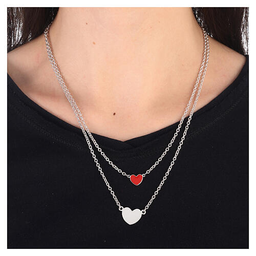 Double necklace with two hearts, red enamel, 925 silver, HOLYART Collection 2
