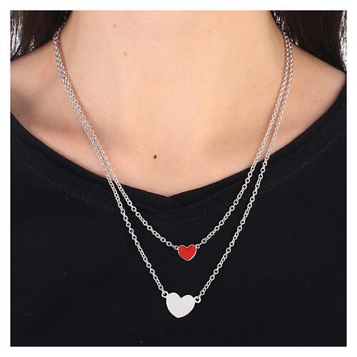 Double necklace with two hearts, red enamel, 925 silver, HOLYART Collection 2