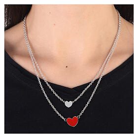 Double necklace with hearts, big heart in red enamel, 925 silver, HOLYART Collection